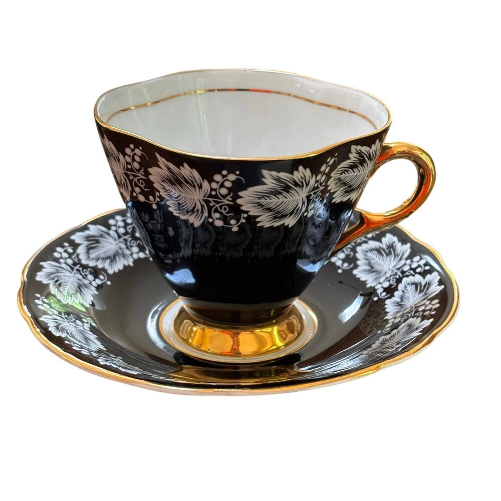 Vintage Windsor teacup & saucer set black & gold trim bone china Made in England